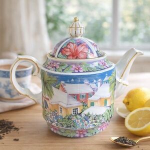 James Sadler Rooftops Bermuda 2-Cup Teapot Made in India Floral Gold Accents